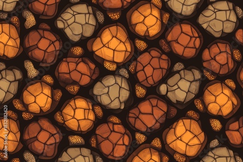 Turtle shell texture with copy space. Close-up turtle pattern. Reptile shell design. Turtle scales. Realistic turtle shell. Turtle design texture. Detailed turtle shell close-up. Wild Animal texture.	