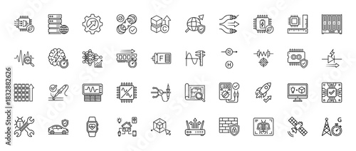 Technology and engineering line icon set. Vector pictograms of microchips, servers, ai, networking, and security, thin linear illustration.