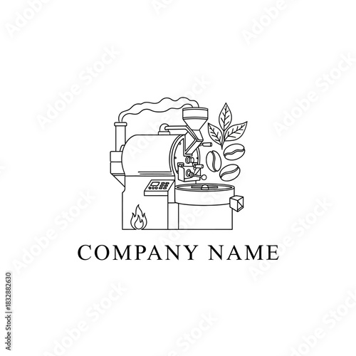 Coffee roasting machine illustration with beans and leaves for company logo.