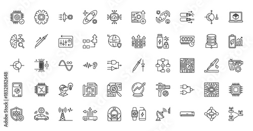 Electronics and engineering line icon set. Vector pictograms of microchips, semiconductors, oscilloscope, brain, and circuit boards, thin linear illustration.