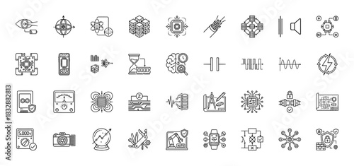 Technology and engineering line icon set. Vector pictograms of security, circuit, data, finance, and measurement concepts, thin linear illustration.