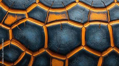 Turtle shell texture with copy space. Close-up turtle pattern. Reptile shell design. Turtle scales. Realistic turtle shell. Turtle design texture. Detailed turtle shell close-up. Wild Animal texture.	
