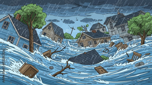 Illustrative depiction of a catastrophic flood engulfing homes and residential areas, showcasing the powerful and destructive force of a natural disaster with turbulent waters and floating debris