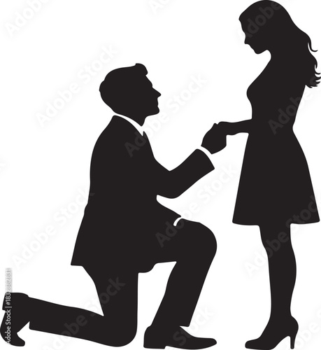 Man proposing to woman silhouette vector illustration, male on knee offering hand, engagement concept