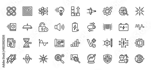 Science and technology line icon set. Vector pictograms of atoms, lightbulb, battery, and data analysis, thin linear illustration.