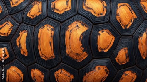 Turtle shell texture with copy space. Close-up turtle pattern. Reptile shell design. Turtle scales. Realistic turtle shell. Turtle design texture. Detailed turtle shell close-up. Wild Animal texture.	