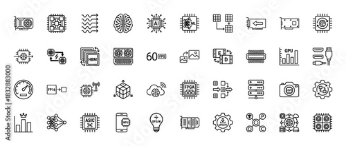 Artificial intelligence hardware line icon set. Vector pictograms of gpu, nvdia, chip, fpga, asic, cpu, and memory, thin linear illustration.