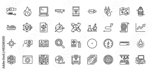 Technology and science line icon set. Vector pictograms of microchips, research, chemistry, and engineering concepts, thin linear illustration.