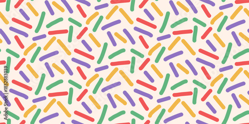 Funky sprinkles seamless pattern. Small dash background with confetti. Birthday cute vector surface design. Simple repeat illustration . Happy and fun design for baby parties in vibrant colors.