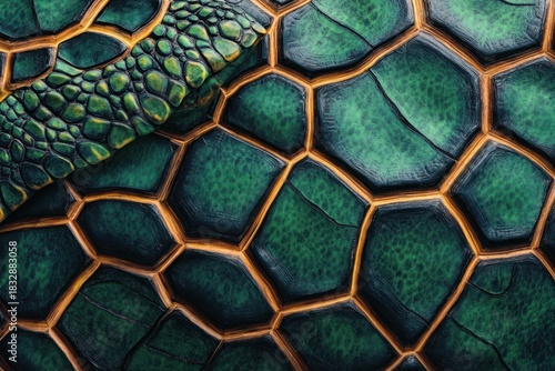 Turtle shell texture with copy space. Close-up turtle pattern. Reptile shell design. Turtle scales. Realistic turtle shell. Turtle design texture. Detailed turtle shell close-up. Wild Animal texture.	