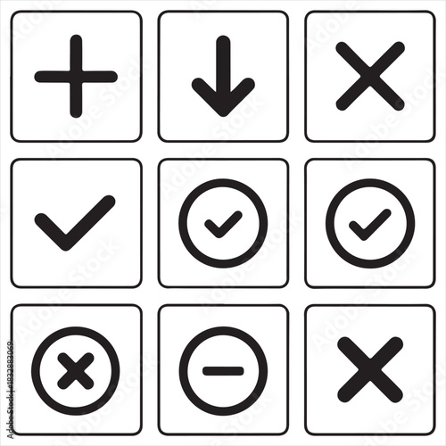 Simple black & white essential symbol icon set — plus, minus, checkmark, close, arrow directions, refresh, reload, play, pause, stop — clean minimal lines