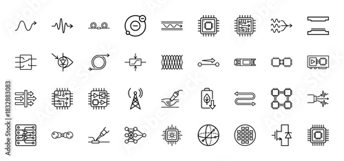 Electronics and optical engineering line icon set. Vector pictograms of semiconductor chip, fiber optic, diode, battery, and signal transmission, thin linear illustration.