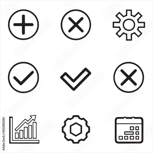 Minimal black & white action icon pack — plus, minus, checkmark, close (X), play, pause, stop, refresh, reload, expand, collapse — consistent thin outline vector style
