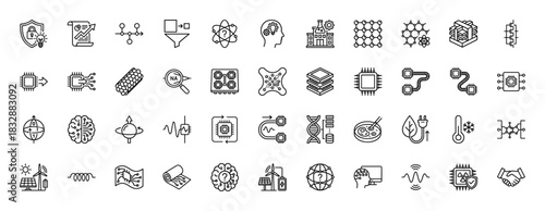 Technology and science line icon set. Vector pictograms of microchip, graphene, atom, dna, solar panel, brain, processor and circuit. Thin linear illustration.