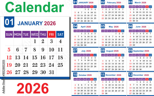A vibrant 2026 calendar showcasing January alongside a comprehensive year overview. Perfect for planning, scheduling, and organizing your year effectively.