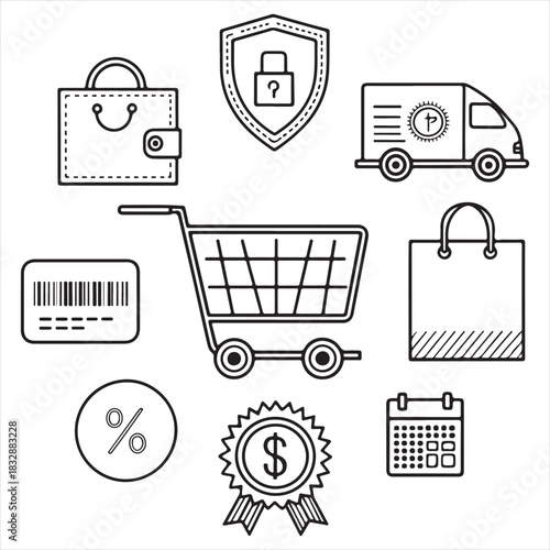 Black & white e-commerce icon set — shopping cart, shopping bag, tag, wallet, delivery truck, barcode symbol, price badge — minimal outline 