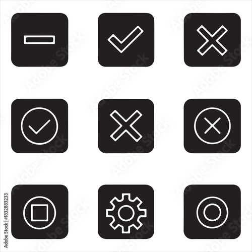 Simple black & white essential symbol icon set — plus, minus, checkmark, close, arrow directions, refresh, reload, play, pause, stop — clean minimal lines