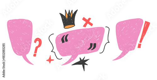 Funky pink speech bubbles with punctuation marks. Hand drawn crayon text boxes frames set with stars, bracket, crown. Chalk crayon callout textured shapes. Vector text balloon isolated no background.