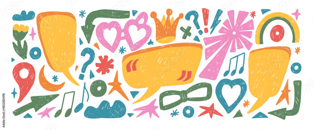 Fototapeta premium Colorful crayon text boxes with irregular figures. Speech bubble funky shape quotation frame box, arrow, stars. Playful callout clouds with marks dialog ideas. Hand drawn vector illustration isolated.