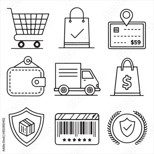 Black & white e-commerce icon set — shopping cart, shopping bag, tag, wallet, delivery truck, barcode symbol, price badge — minimal outline