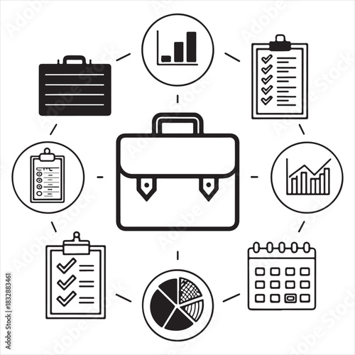 Black & white office icon pack — briefcase, calendar, checklist, pie chart, bar chart, document, clipboard, graph arrow, calculator — vector 