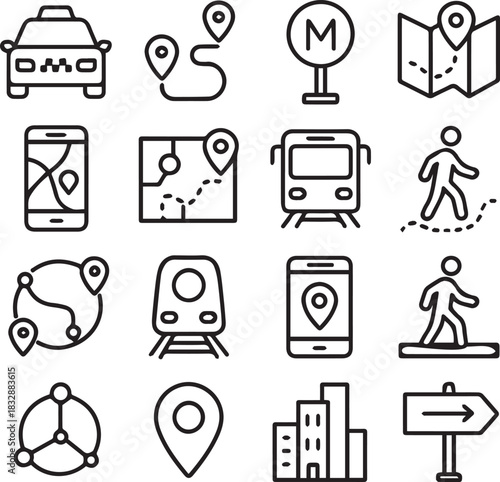 Urban mobility navigation black white icon set for city transport
