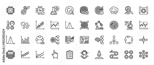 Semiconductor manufacturing and data analysis line icon set. Vector pictograms of microprocessor, graphs, robotics, and quality control, thin linear illustration.