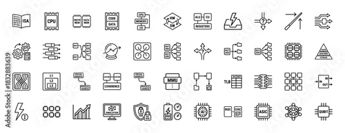 Computer science and technology line icon set. Vector pictograms of cpu, memory, isa, cache, mmu, and qubit, thin linear illustration.