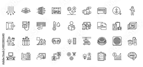 Industrial hvac and clean room technology line icon set. Vector pictograms of air filtration, low outgassing, uv light, and particle counter, thin linear illustration.