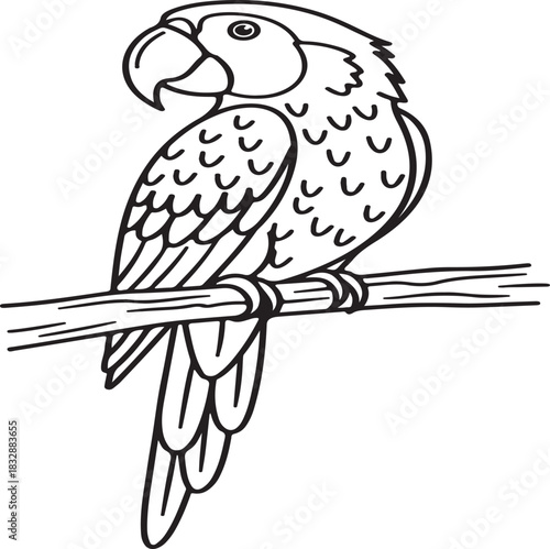 Outline drawing of a parrot perched on a branch on an isolated transparent background ready for coloring
