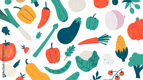 Motif de légumes variés en style flat design. Illustration vectorielle colorée idéale pour alimentation saine, cuisine, packaging, potager, fond, éducation nutritionnelle. Arrière-plan