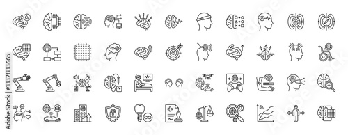 Neuroscience and technology line icon set. vector pictograms of brain, robotic arm, chip, and mind control, thin linear illustration.