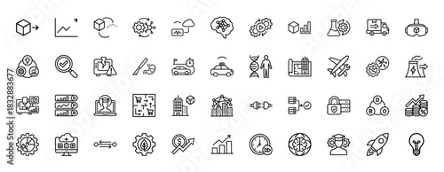 Business and technology line icon set. Vector pictograms of machine learning, self-driving cars, drone delivery, and factory automation, thin linear illustration.