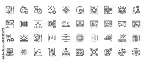 Electronics and semiconductor testing line icon set. Vector pictograms of voltmeter, oscilloscope, wafer, circuit board, and automation, thin linear illustration.