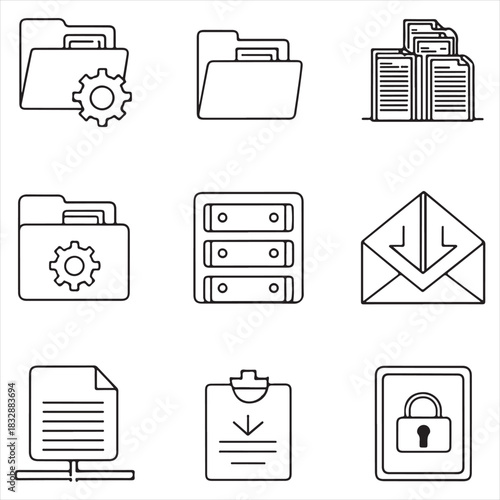 Monochrome vector icon set — folder, open folder, file, document, archive, upload file, download file — clean geometric outline