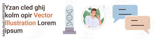 Science communication, online messaging, biotech connection, remote consultation, scientific innovation, virtual communication. DNA helix, speech bubbles person on call. Science communication