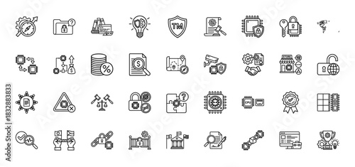 Intellectual property and digital security line icon set. Vector pictograms of patent, trademark, blockchain, and data protection, thin linear illustration.