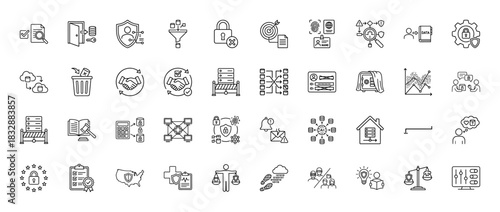 Data security and privacy line icon set. Vector pictograms of access, encryption, shield, filtering, and compliance, thin linear illustration.