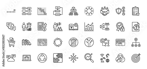 Business management and project development line icon set. Vector pictograms of planning, control, execution, strategy, and teamwork, thin linear illustration.