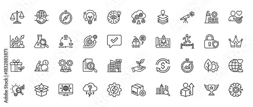 Business and startup line icon set. Vector pictograms of research, strategy, growth, innovation, and leadership, thin linear illustration.