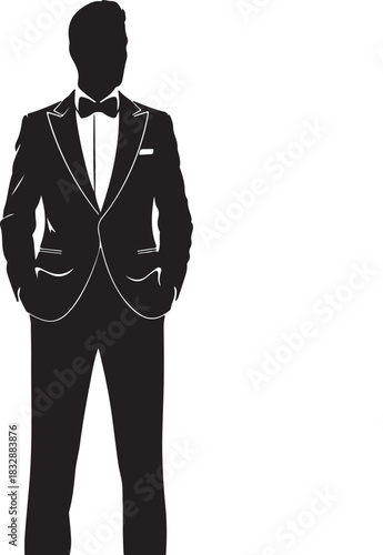 Silhouette of a man in an elegant suit with a bow tie and hands in pockets isolated on transparent background, vector