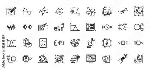 Electronics and electrical engineering line icon set. Vector pictograms of circuit design, signals, semiconductor components, and chips, thin linear illustration.