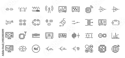 Radio frequency and microwave line icon set. Vector pictograms of amplifier, oscilloscope, antenna, transformer, and filter, thin linear illustration.