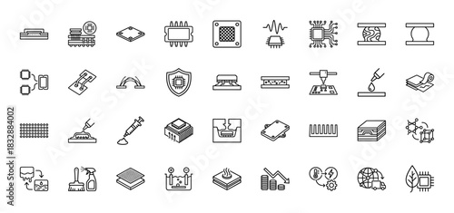Semiconductor cooling and thermal management line icon set. Vector pictograms of microchips, heat sinks, pads, and insulating layers, thin linear illustration.