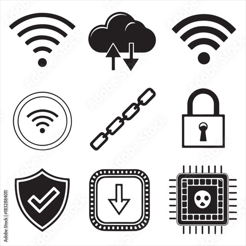 Minimal black & white tech icon set — wifi waves, cloud, sync arrows, battery, power button, link chain, shield security, lock, CPU chip — pure vector 