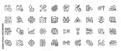 Industrial engineering and smart manufacturing line icon set. Vector pictograms of production, maintenance, data analysis, and automation, thin linear illustration.