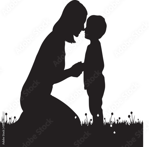Silhouette of loving mother kneeling and embracing her child, tender moment between parent and kid surrounded by nature