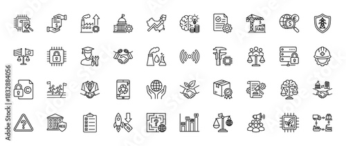 Business and technology line icon set. Vector pictograms of contracts, intellectual property, regulation, and logistics, thin linear illustration.