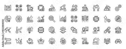 Business and technology line icon set. Vector pictograms of research, investment, development, finance, and global communication, thin linear illustration.