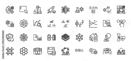 Material science line icon set. Vector pictograms of artificial intelligence, atom, battery, molecule, and data storage, thin linear illustration.